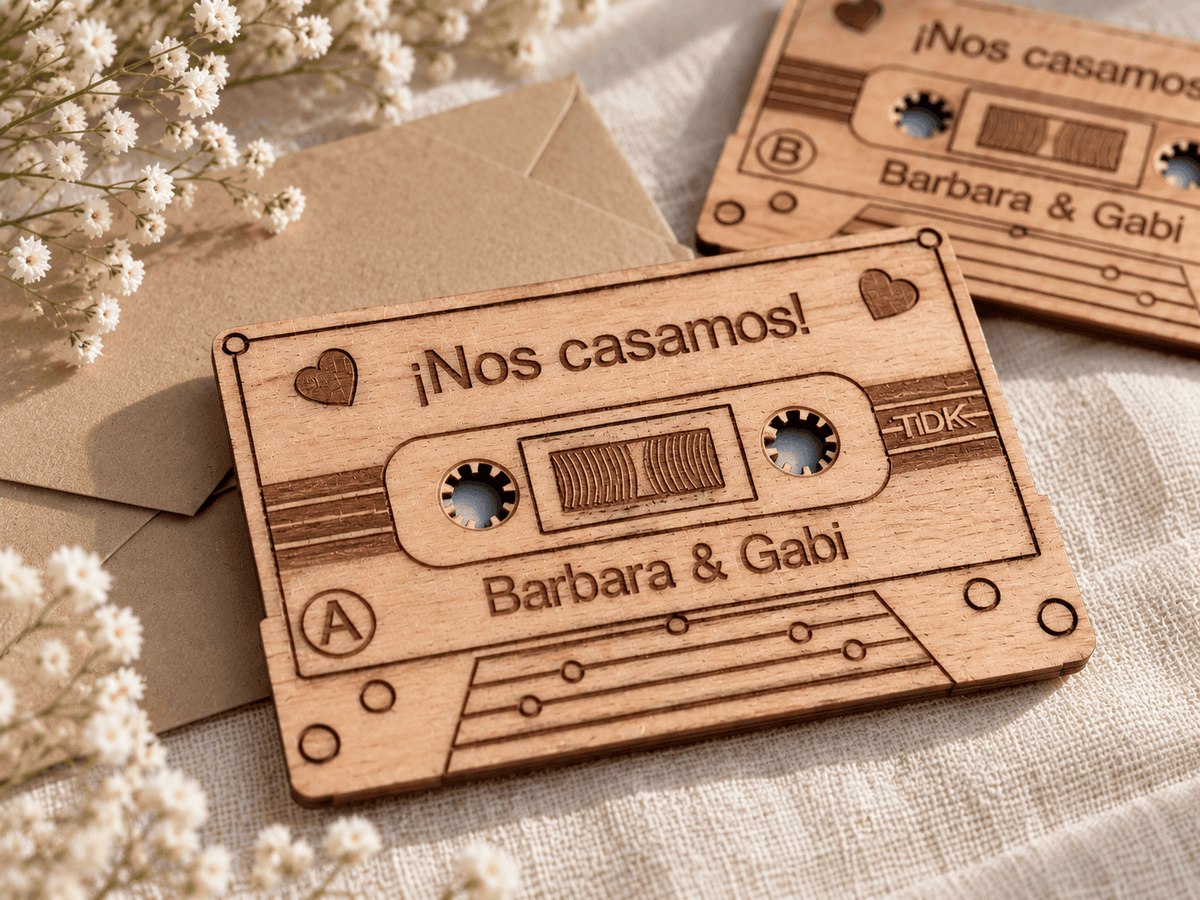 Invitación de boda de madera personalizada con forma de casete