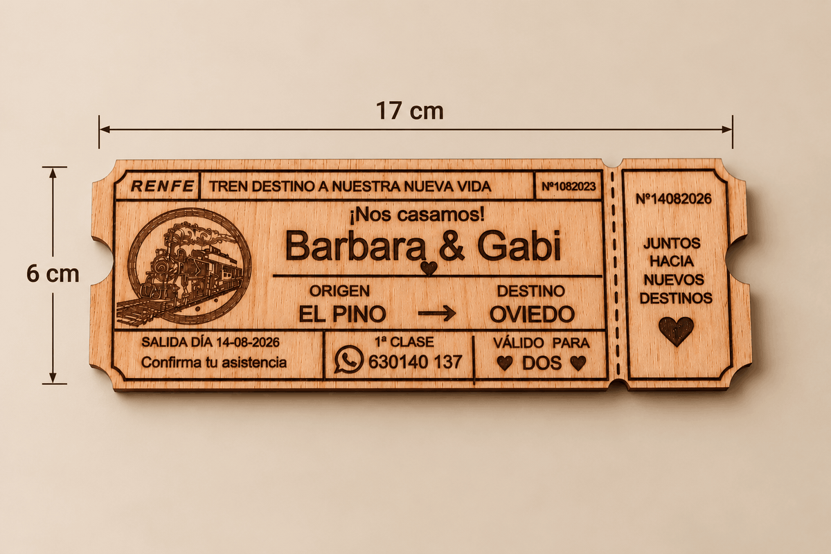 Invitación de boda de madera personalizada con forma de billete de tren