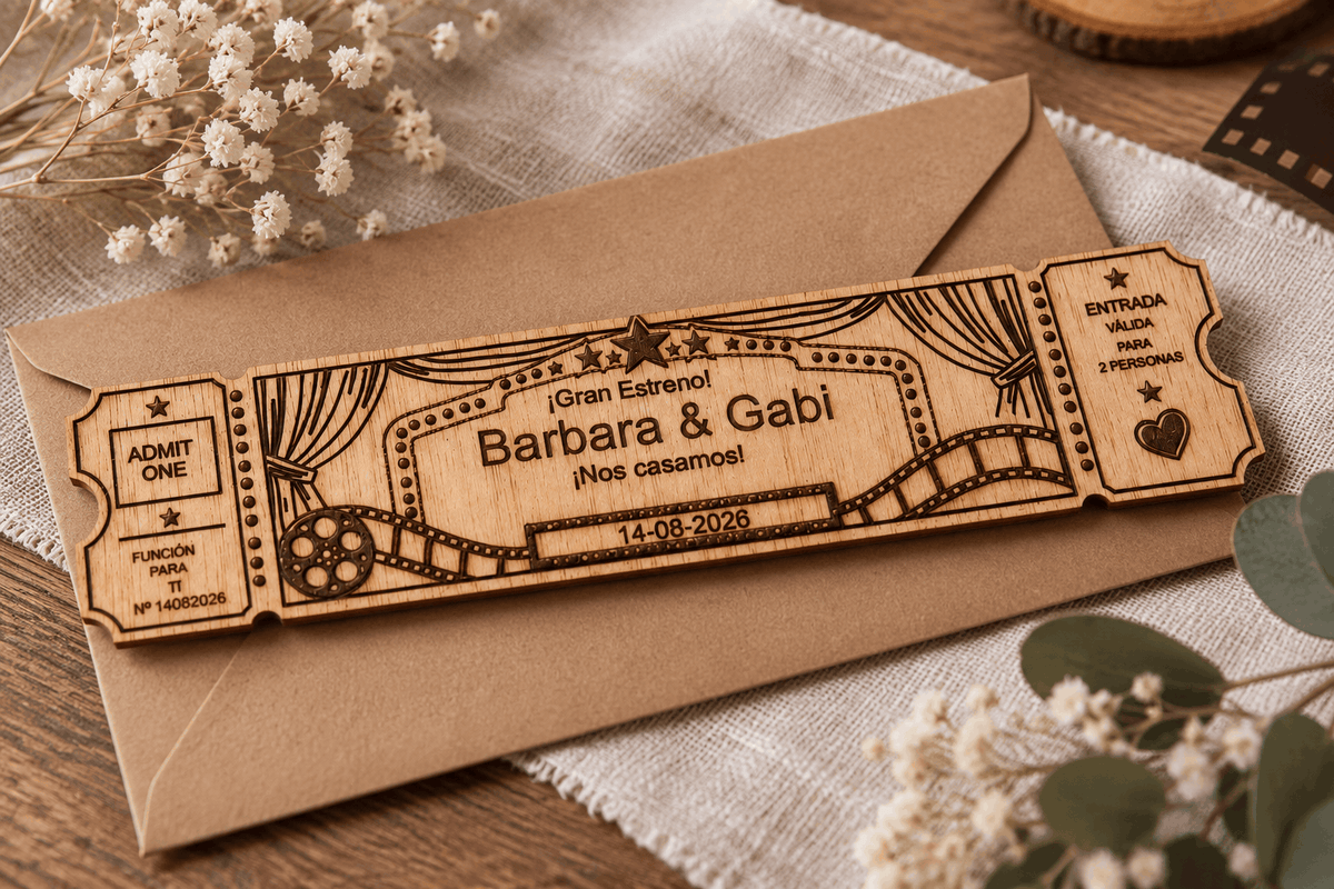 Invitación de boda de madera personalizada con diseño de entrada de cine