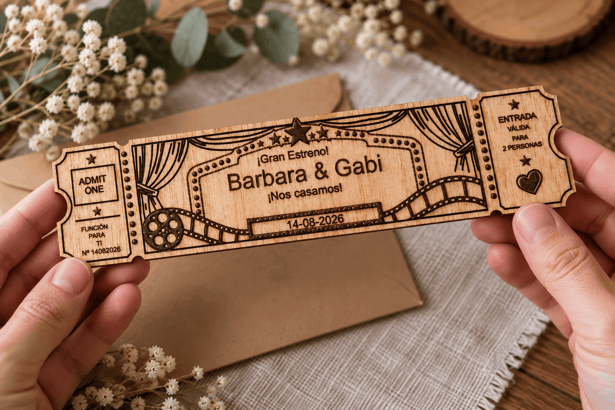 Invitación de boda de madera personalizada con diseño de entrada de cine