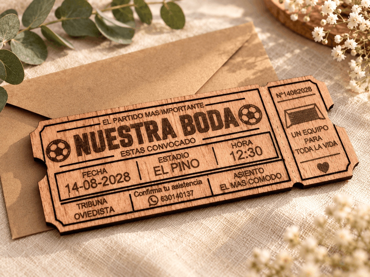 Invitación de boda de madera personalizada con forma de entrada de fútbol