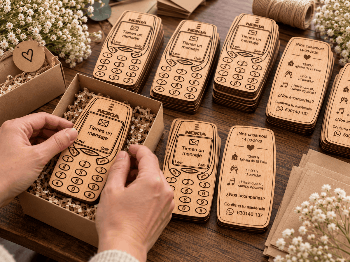 Invitación de boda de madera personalizada con forma de móvil vintage