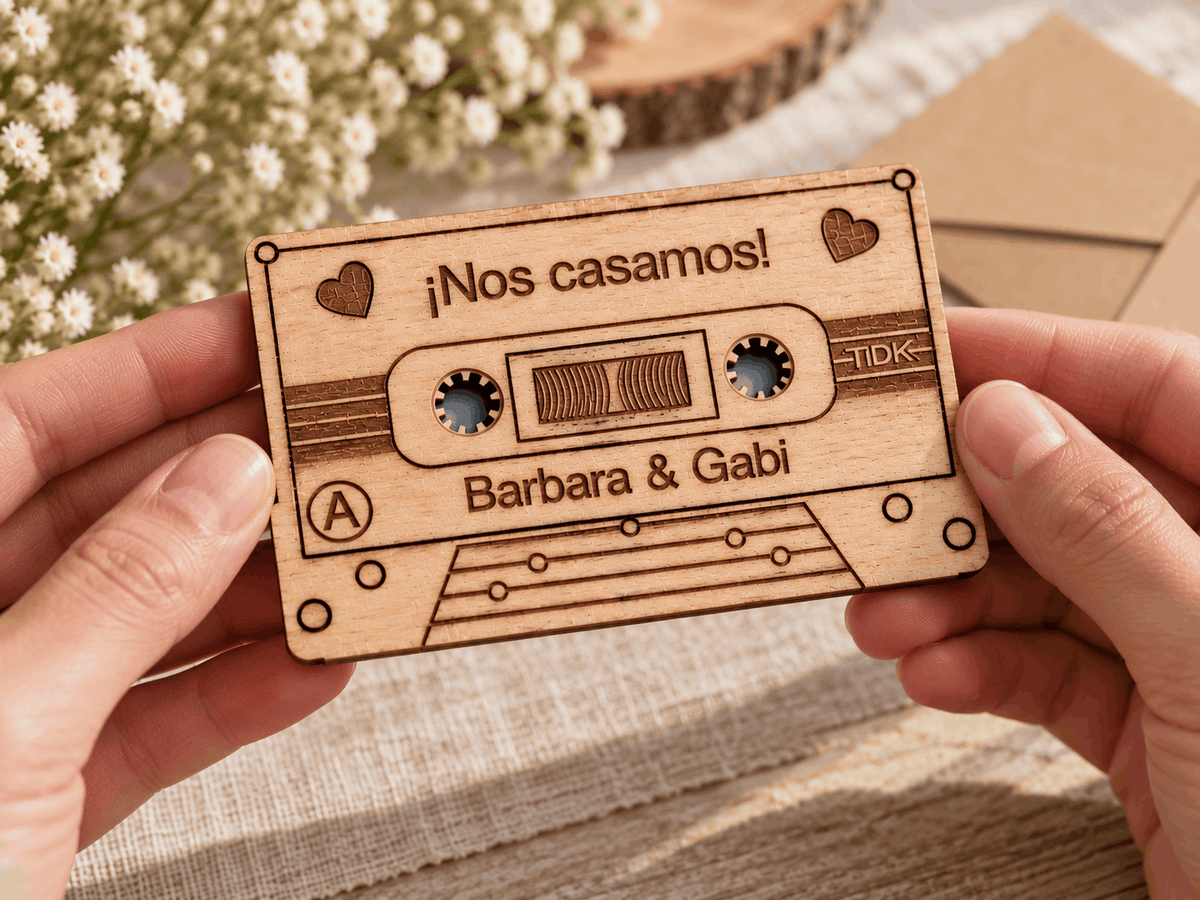 Invitación de boda de madera personalizada con forma de casete