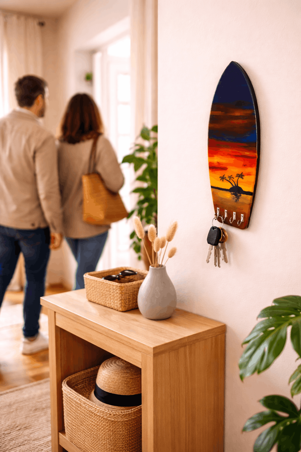 Colgador de llaves artesanal vertical atardecer tropical