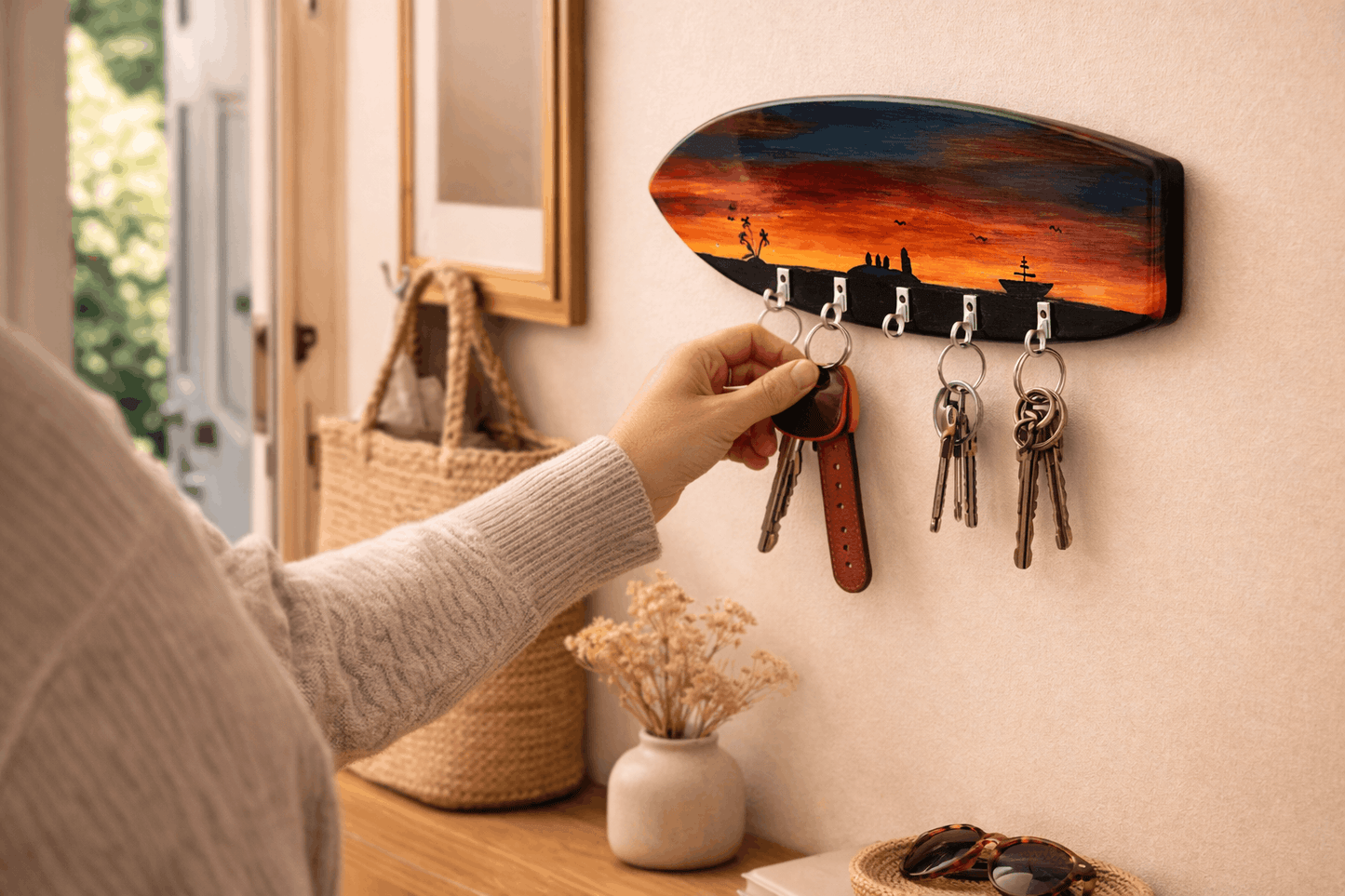 Colgador de llaves artesanal atardecer pintado a mano – 5 ganchos