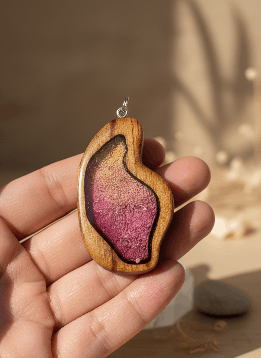 Colgante artesanal “Núcleo” – Madera y resina