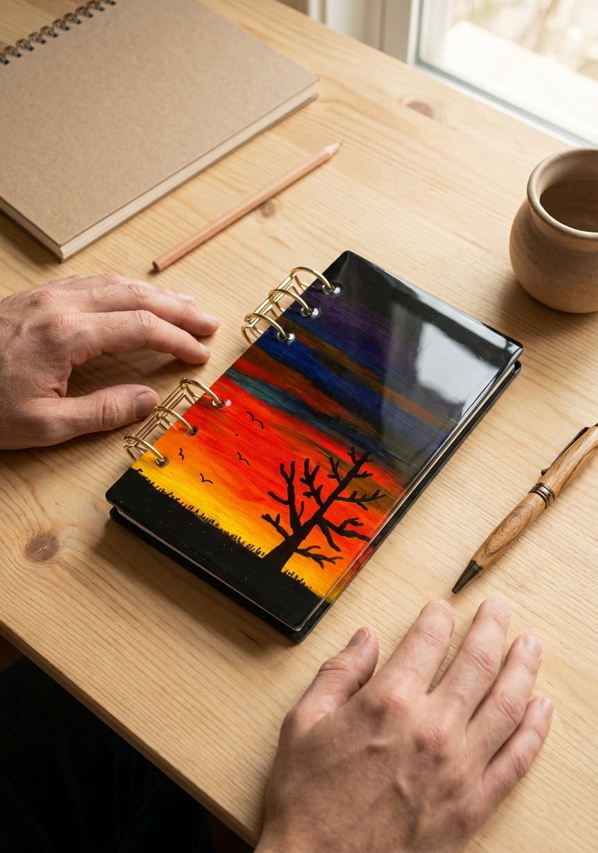 Libreta artística en madera A6 – Atardecer