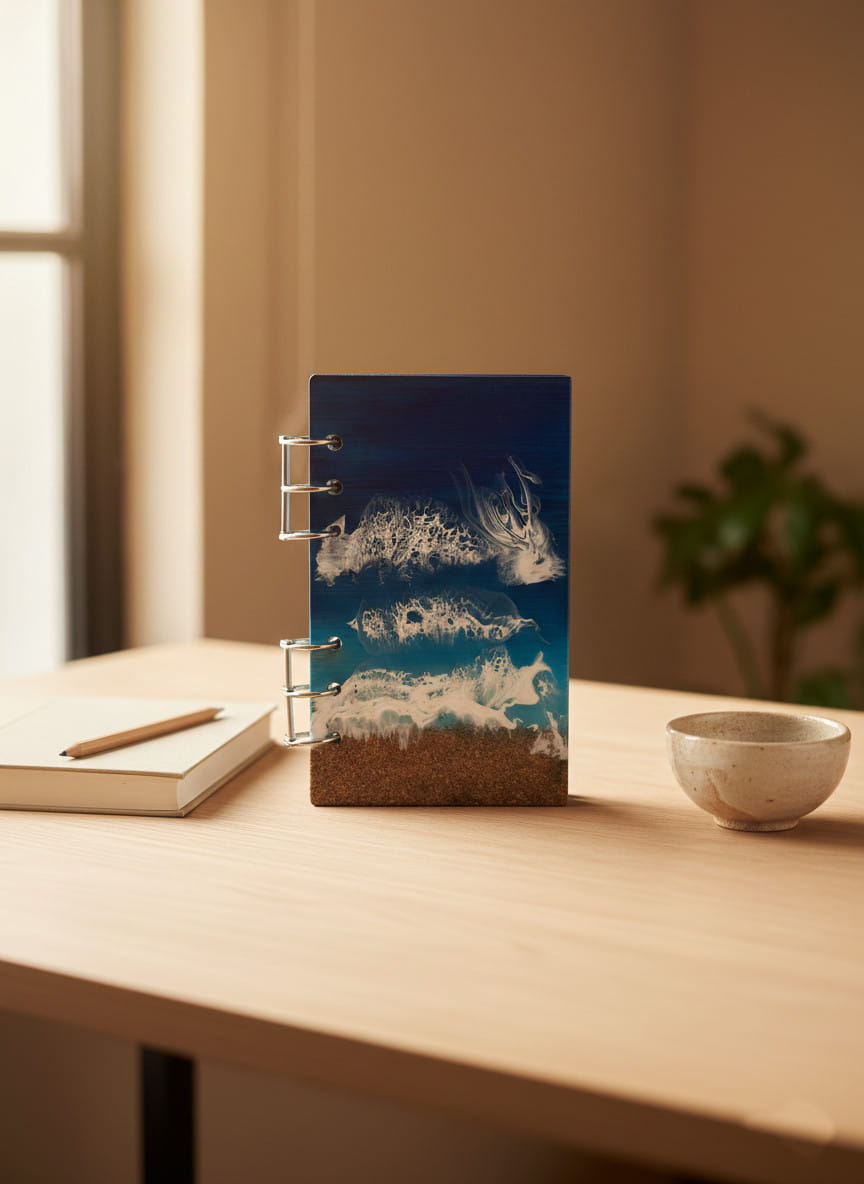 Libreta artesanal A6 “Mar Cantábrico” – Madera pintada a mano y resina