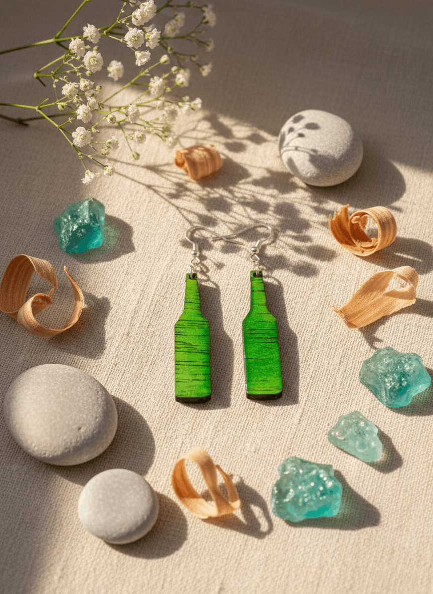 Pendientes artesanales botella de sidra – Madera pintada a mano