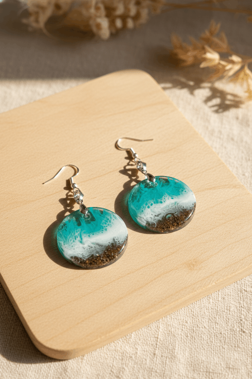 Pendientes artesanales mar Cantábrico – Resina y arena natural