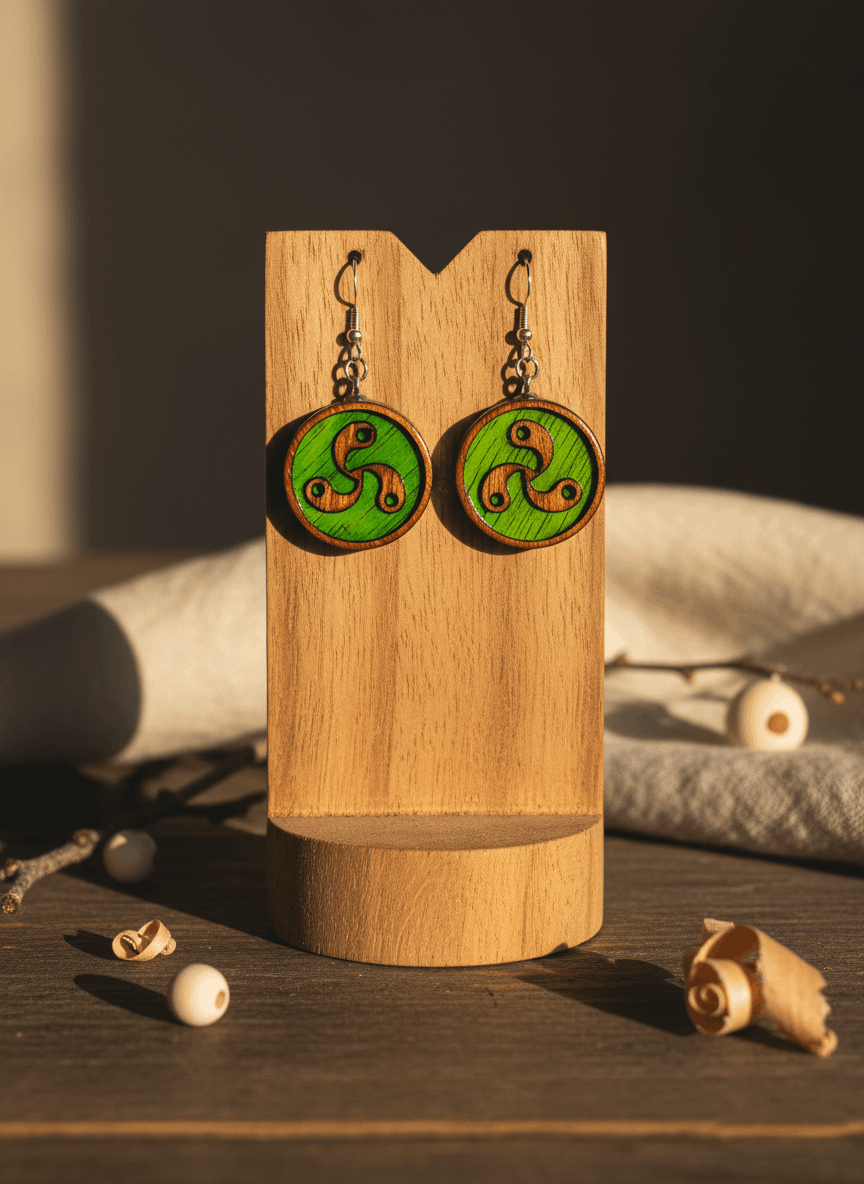 Pendientes artesanales trisquel – Madera y resina pintados a mano