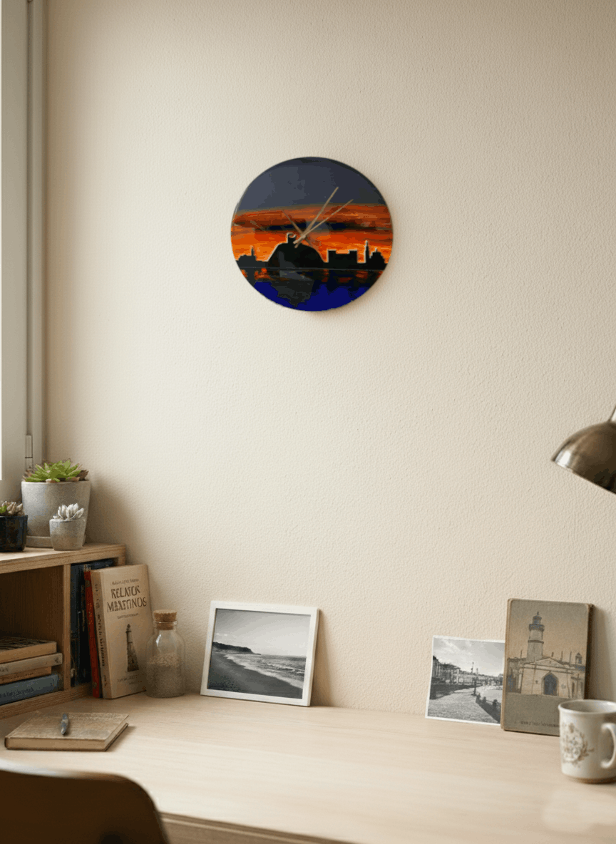 Reloj artesanal skyline de Gijón pintado a mano – Pieza única