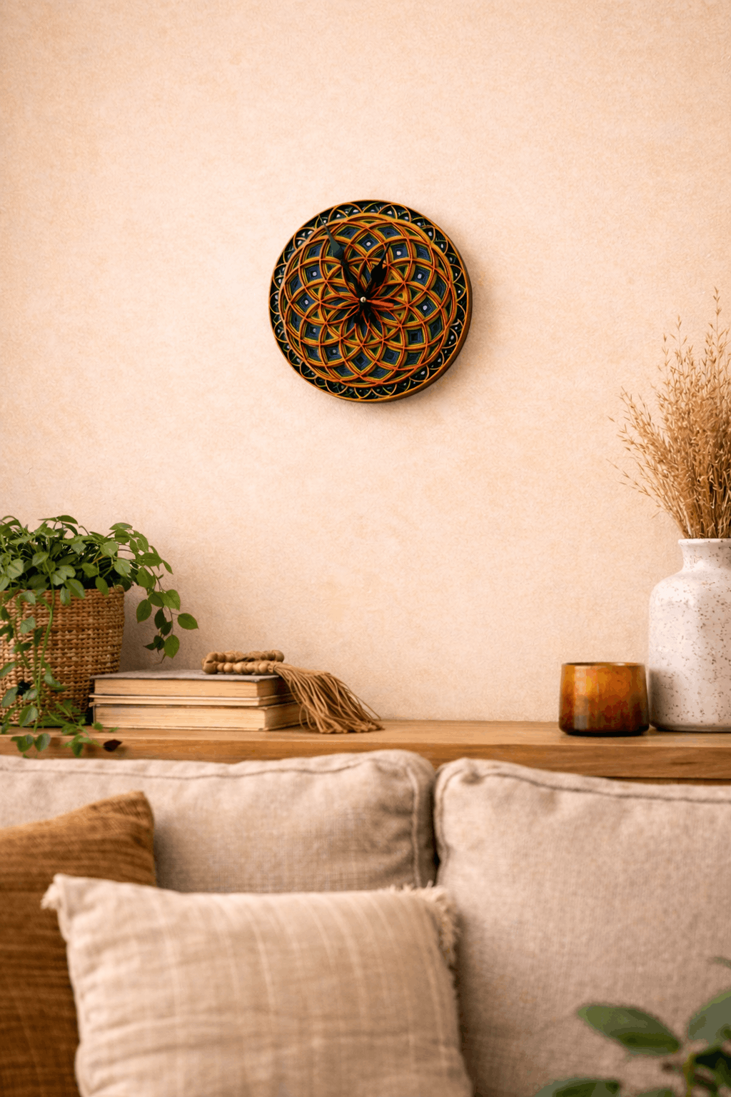 Reloj mándala artesanal multicapa pintado a mano en madera – Pieza única