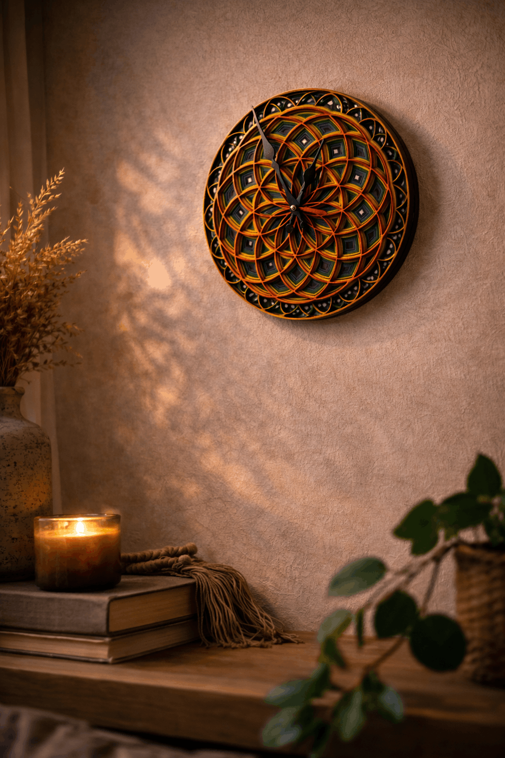 Reloj mándala artesanal multicapa pintado a mano en madera – Pieza única