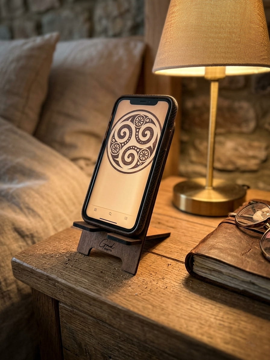 Soporte para móvil de madera grabado – diseño celta artesanal