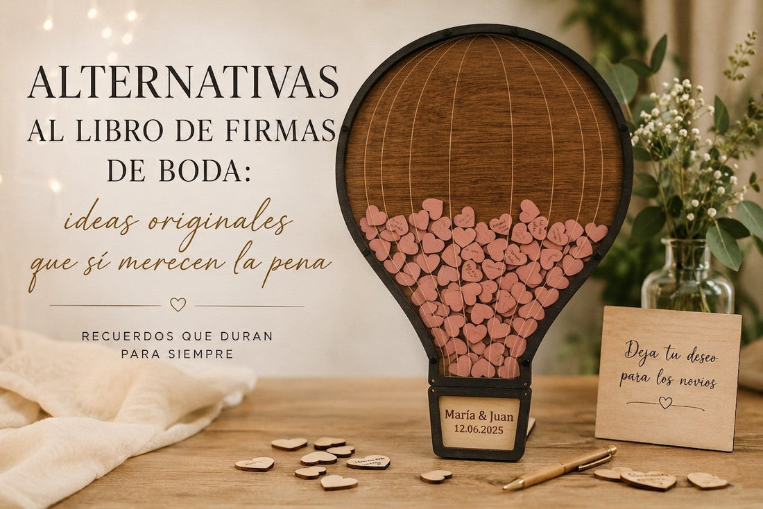 alternativas al libro de firmas de boda con cuadro de deseos en madera globo aerostático personalizado