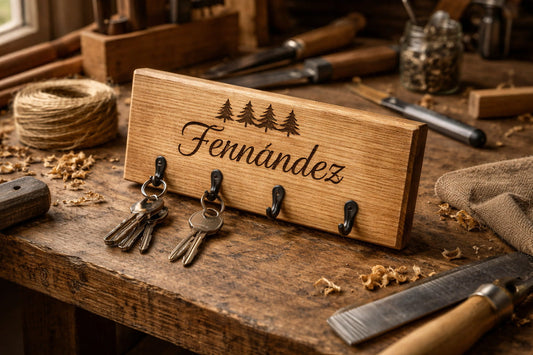 Colgador de llaves personalizado en madera grabado con láser, hecho a mano en taller artesanal en Asturias, sobre mesa rústica con herramientas de carpintería.