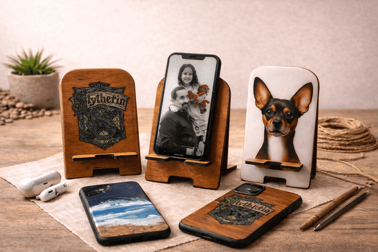 Accesorios para móvil artesanales en madera y resina