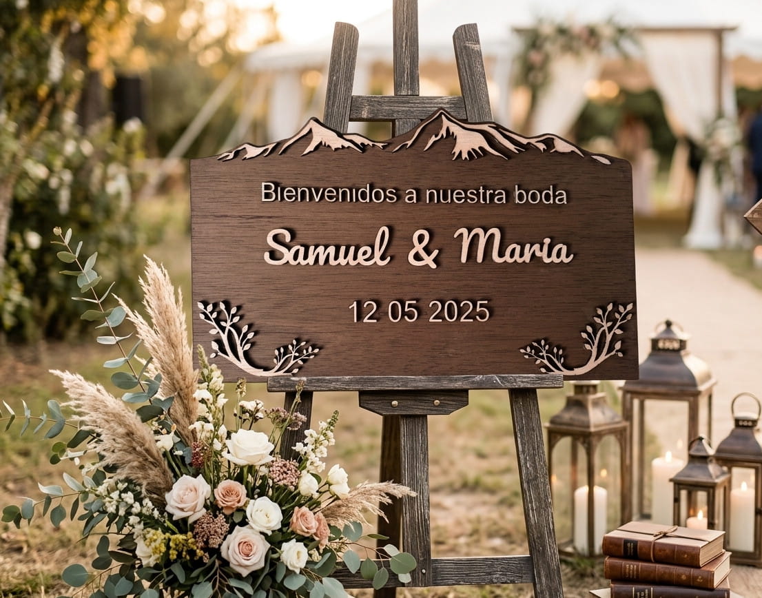Señalética de boda personalizada en madera hecha a mano en Asturias