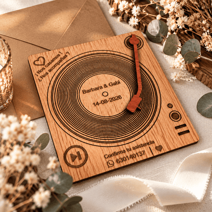 Invitación de boda de madera con diseño de vinilo personalizada