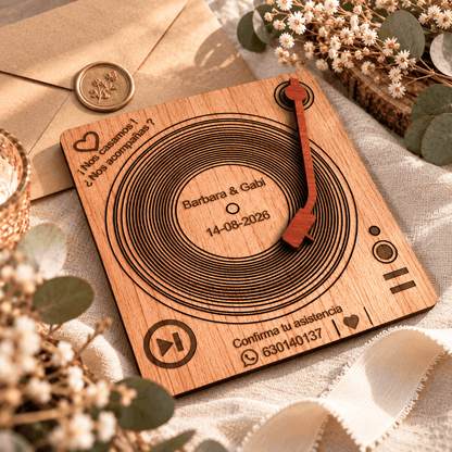 Invitación de boda de madera con diseño de vinilo personalizada