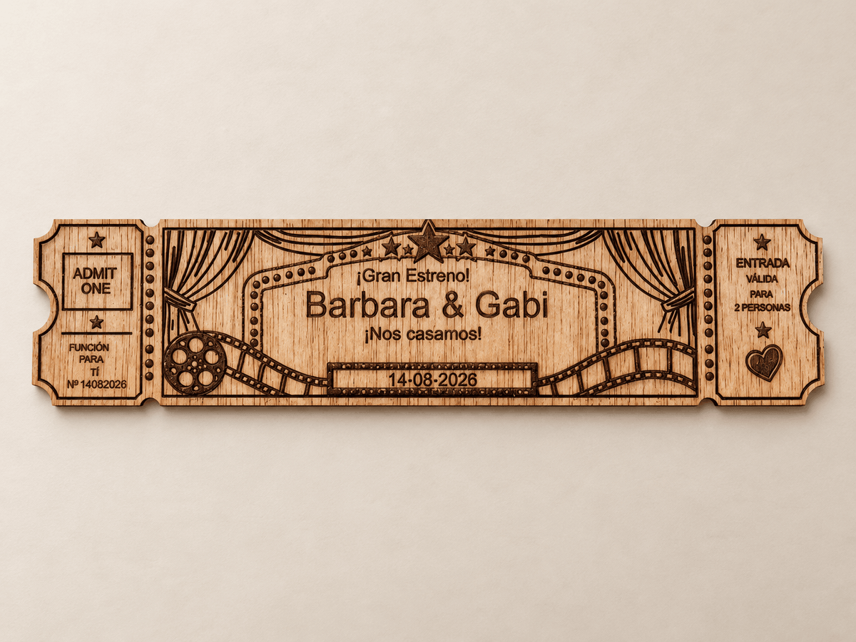 Invitación de boda de madera personalizada con diseño de entrada de cine