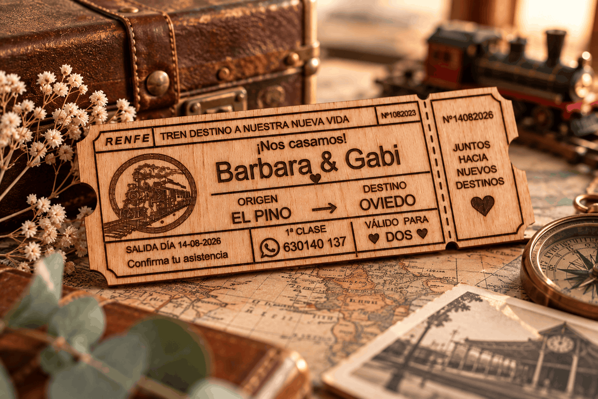 Invitación de boda de madera personalizada con forma de billete de tren