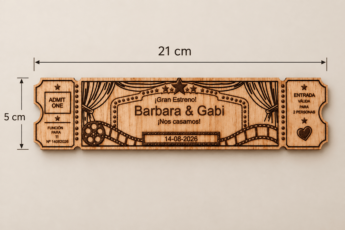 Invitación de boda de madera personalizada con diseño de entrada de cine