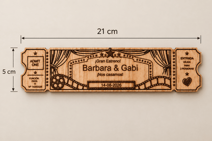 Invitación de boda de madera personalizada con diseño de entrada de cine