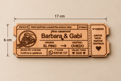 Invitación de boda de madera personalizada con forma de billete de tren