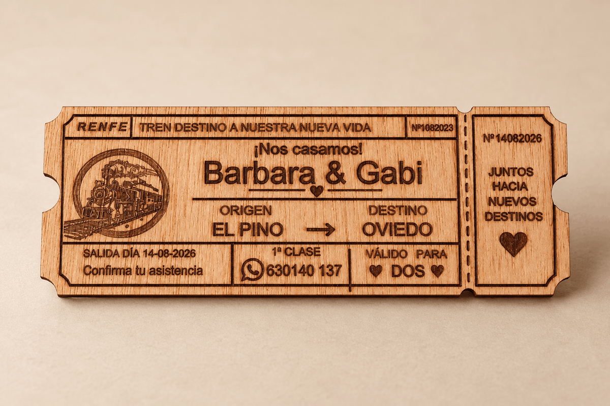 Invitación de boda de madera personalizada con forma de billete de tren