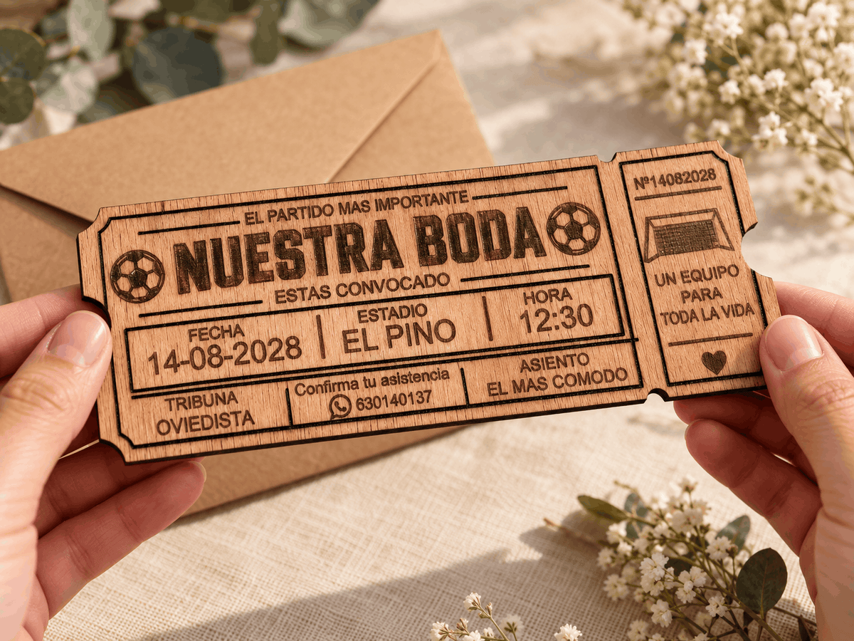 Invitación de boda de madera personalizada con forma de entrada de fútbol