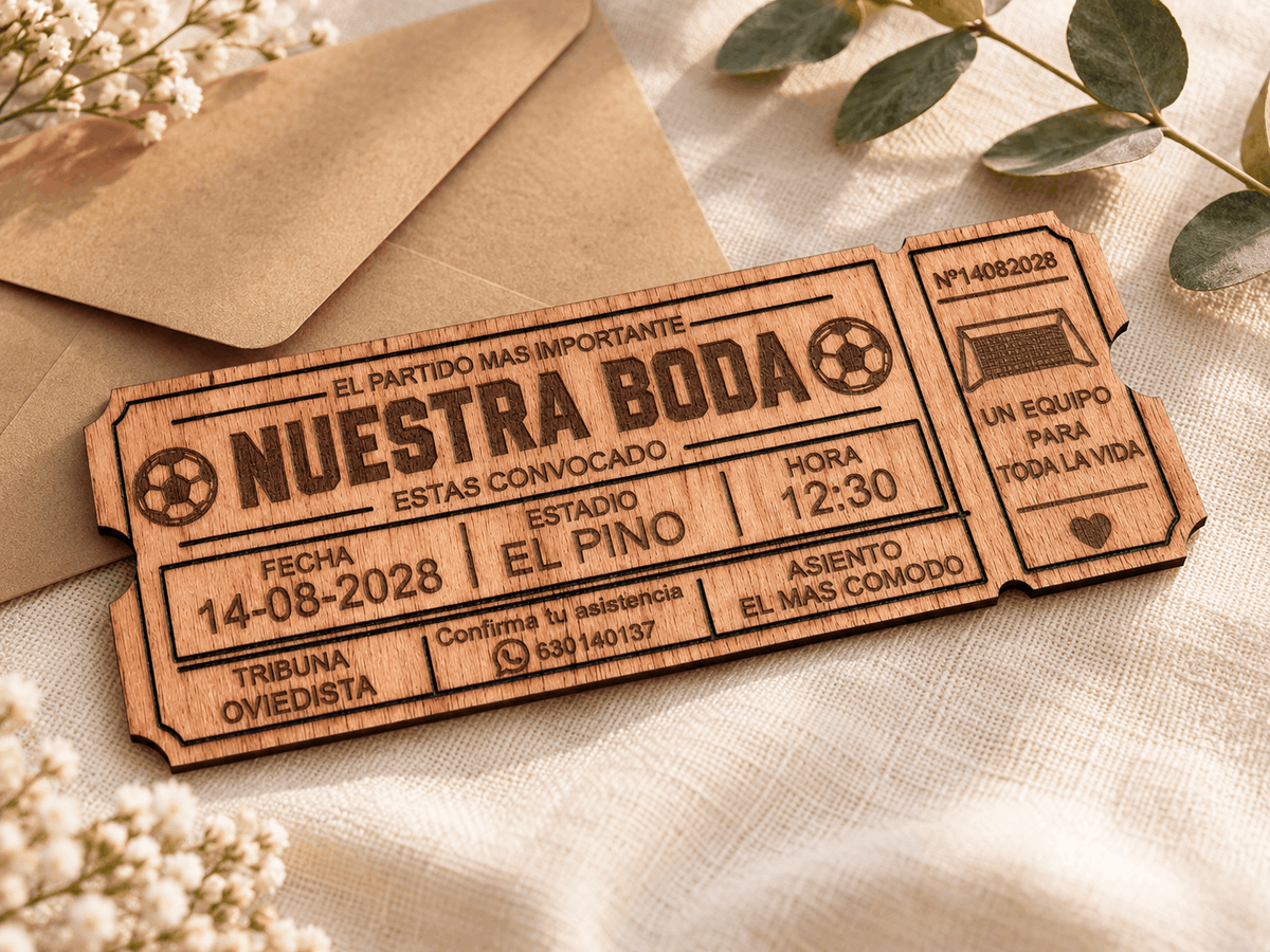 Invitación de boda de madera con diseño de entrada de fútbol personalizada