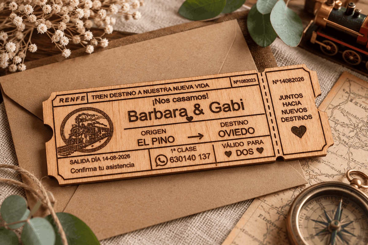 Invitación de boda de madera con forma de billete de tren personalizado