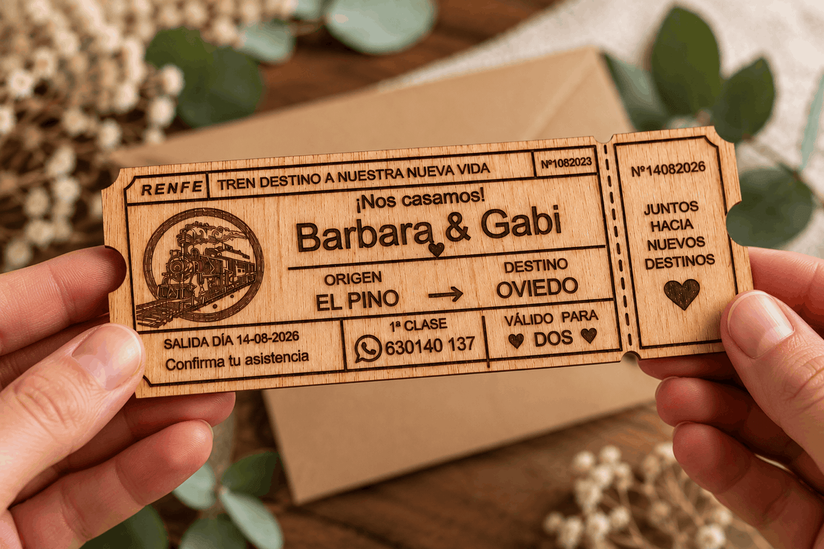Invitación de boda de madera personalizada con forma de billete de tren