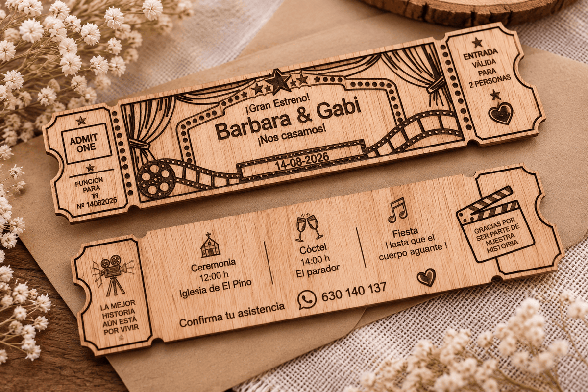 Invitación de boda de madera con forma de entrada de cine, personalizada y grabada a láser por ambas caras