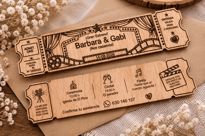 Invitación de boda de madera personalizada con diseño de entrada de cine