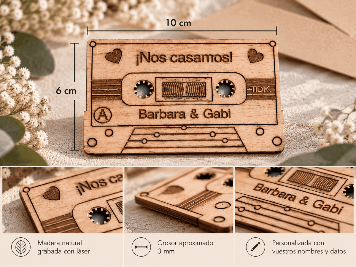 Invitación de boda de madera personalizada con forma de casete
