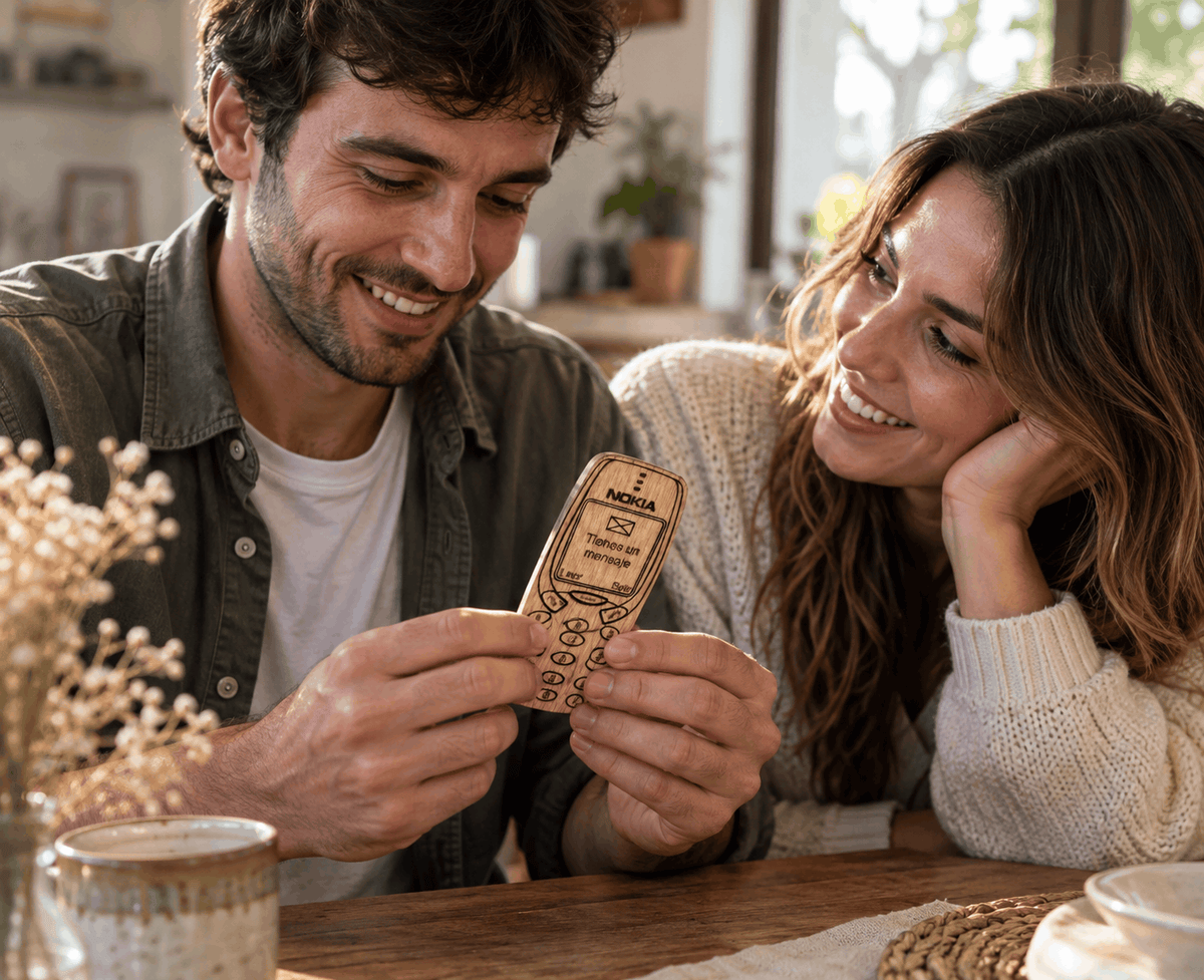 Invitación de boda de madera personalizada con forma de móvil vintage