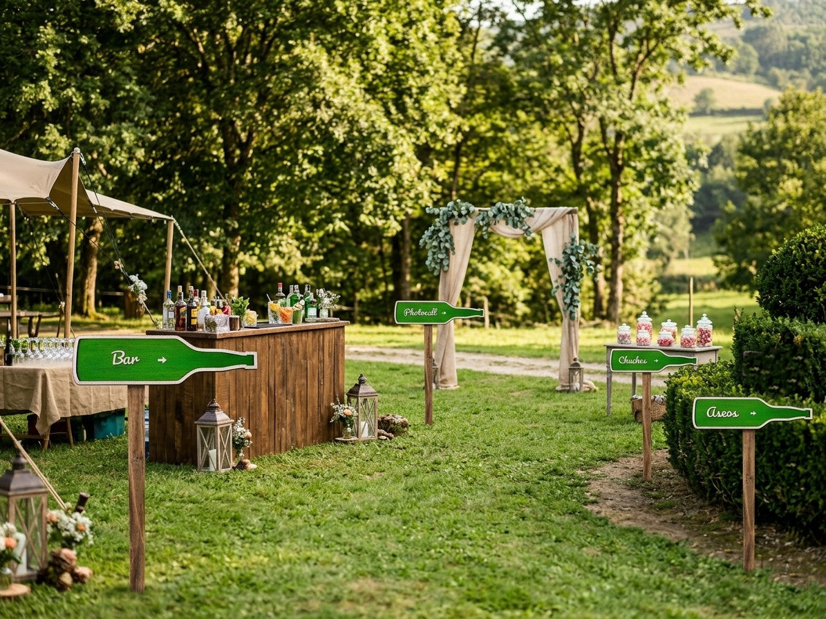 Pack de señales de boda en madera – flechas personalizadas estilo sidra asturiana