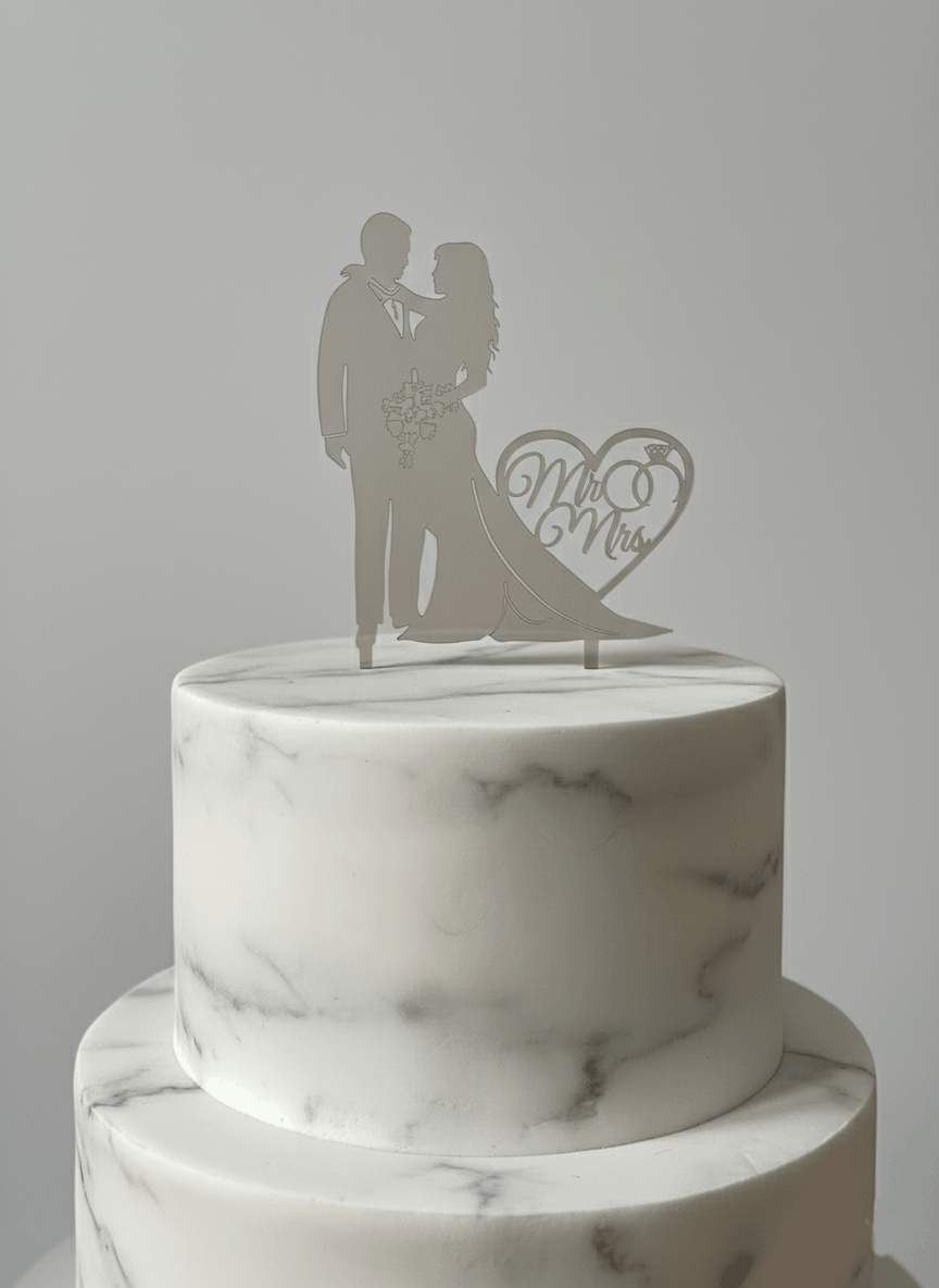 Topper para Tartas de Boda – Pareja con Corazón "Mr & Mrs"