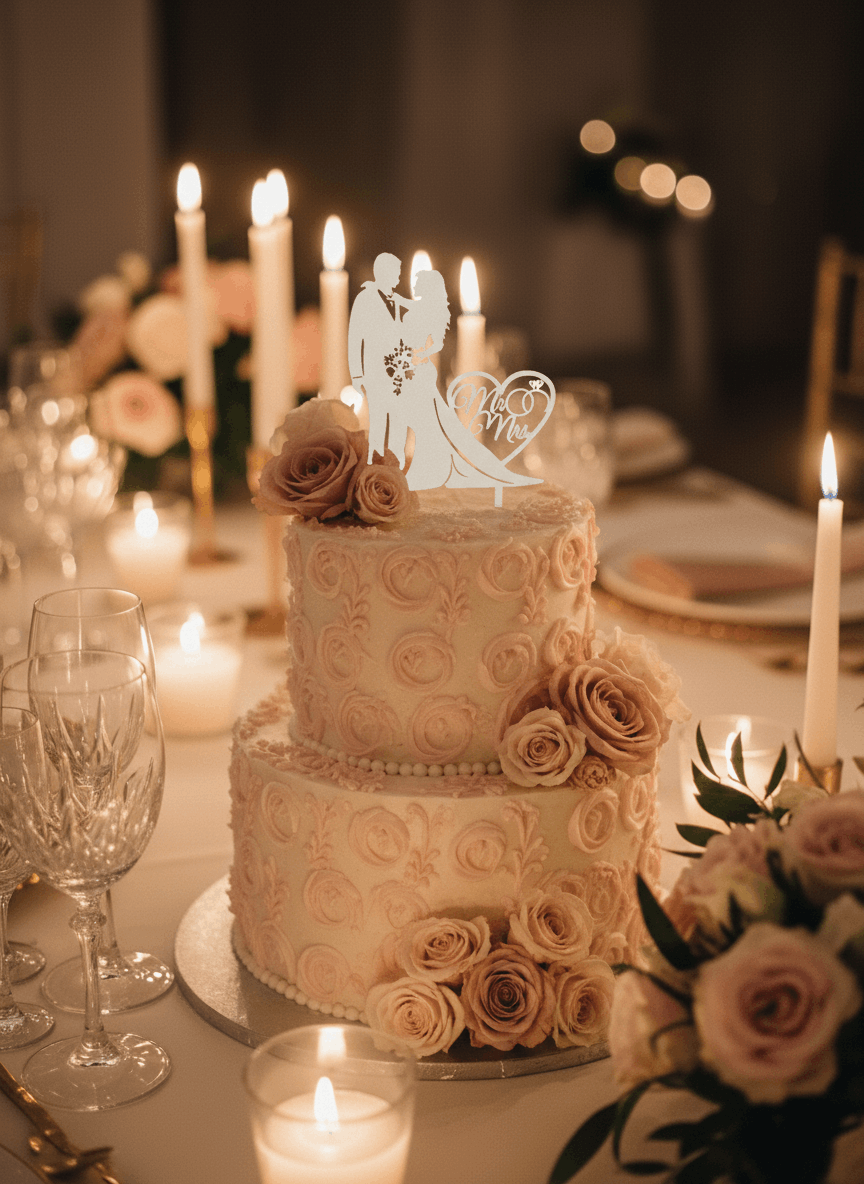 Topper para Tartas de Boda – Pareja con Corazón "Mr & Mrs"