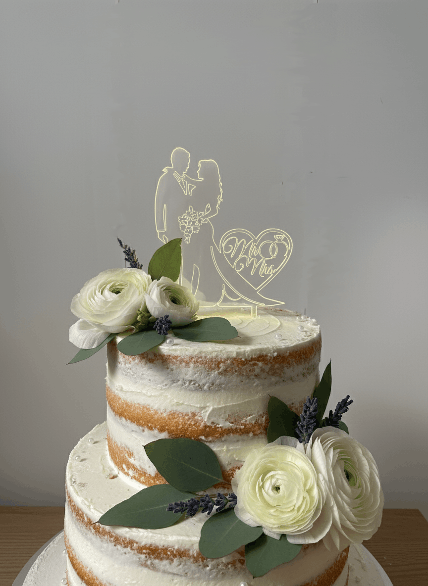 Topper para Tartas de Boda – Pareja con Corazón "Mr & Mrs"