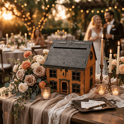 Buzón de boda personalizado en madera con forma de casa | Caja para sobres elegante y reutilizable