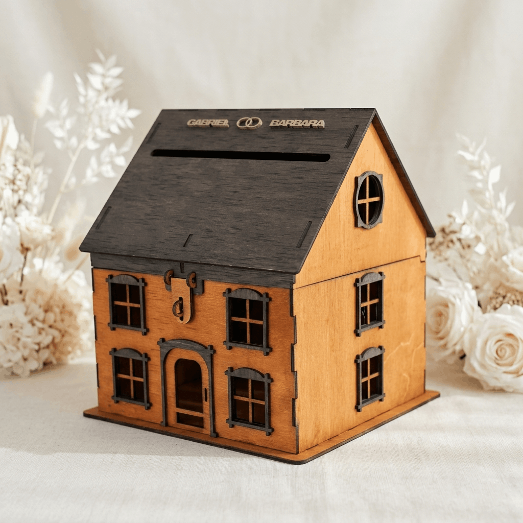 Buzón de boda personalizado en madera con forma de casa | Caja para sobres elegante y reutilizable