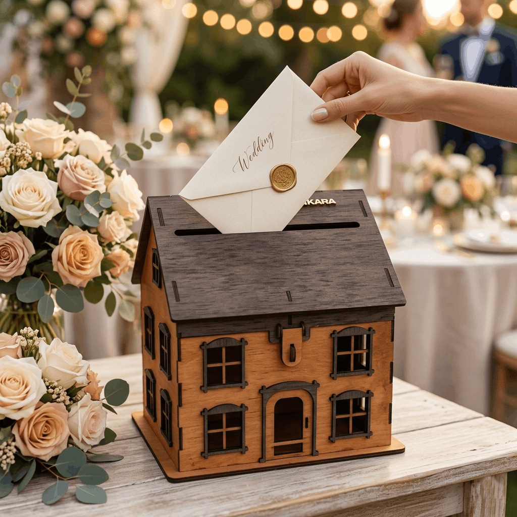 Buzón de boda personalizado en madera con forma de casa | Caja para sobres elegante y reutilizable