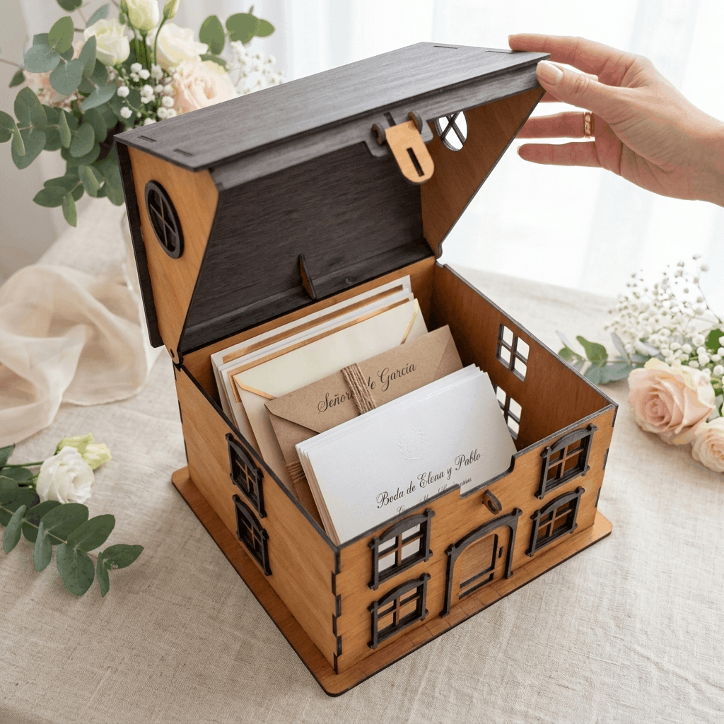 Buzón de boda personalizado en madera con forma de casa | Caja para sobres elegante y reutilizable