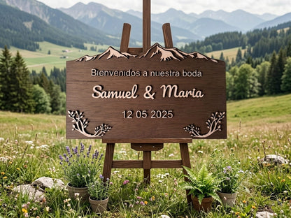 Cartel de bienvenida de boda en madera personalizado