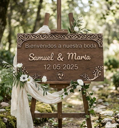 Cartel de bienvenida de boda en madera personalizado
