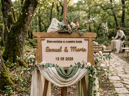 Cartel de bienvenida de boda en madera personalizado